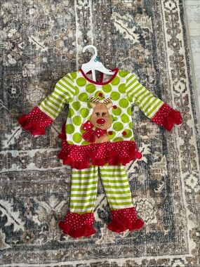 Rare Editions Green & Red Reindeer Ruffle Two-Piece Set